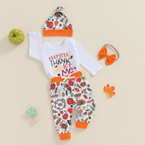 MBMSHEGH Baby Boy Girl Thanksgiving Outfit Everyone is Thankful Long Sleeve Romper Pants Headband Hat 4Pcs Clothes Set in Kuwait