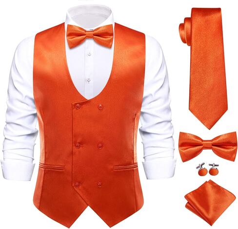 Hi-Tie Mens U-Neck Double-Breasted Suit Vest Necktie and Bow Tie 5PC Set Formal Wedding or Business Dress in Kuwait