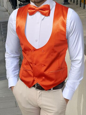 Hi-Tie Mens U-Neck Double-Breasted Suit Vest Necktie and Bow Tie 5PC Set Formal Wedding or Business Dress in Kuwait