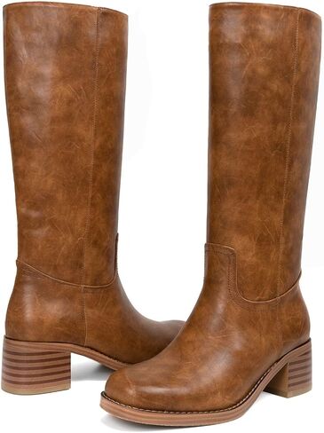 Platform Women's Knee High Square Toe Chunky Block Heel Long Wide Calf Riding Pull On Campus Boots in Saudi Arabia