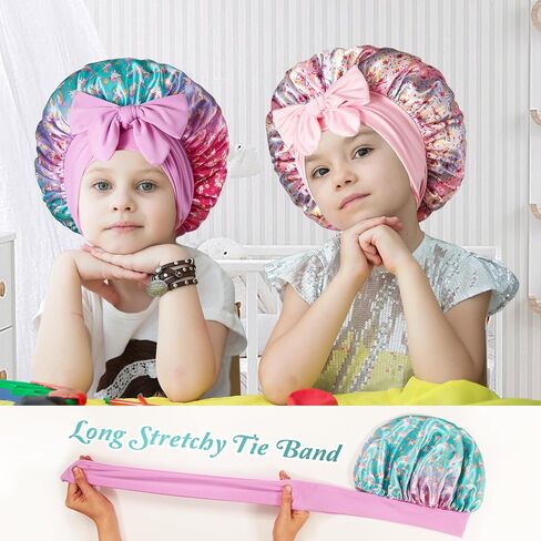 2 PCS Kids Bonnets for Girls, Silk Bonnet for Kids, Satin Bonnet for Sleeping, Baby Toddler Tie Bonnet Sleep Cap in Kuwait