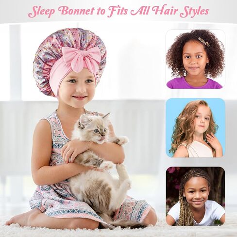 2 PCS Kids Bonnets for Girls, Silk Bonnet for Kids, Satin Bonnet for Sleeping, Baby Toddler Tie Bonnet Sleep Cap in Kuwait