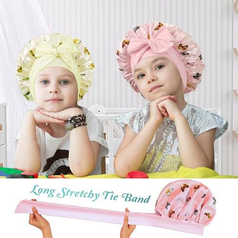 2 PCS Kids Bonnets for Girls, Silk Bonnet for Kids, Satin Bonnet for Sleeping, Baby Toddler Tie Bonnet Sleep Cap in Kuwait