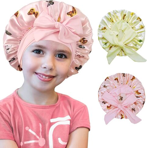 2 PCS Kids Bonnets for Girls, Silk Bonnet for Kids, Satin Bonnet for Sleeping, Baby Toddler Tie Bonnet Sleep Cap in Kuwait