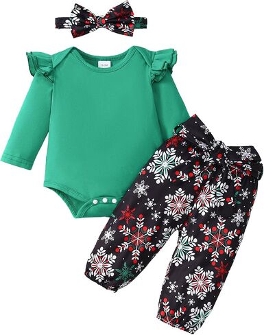 Newborn Baby Girl Christmas Outfit Long Sleeve Ribbed Romper Candy Pants Set Headband 3pcs Fall Winter Clothes in Saudi Arabia