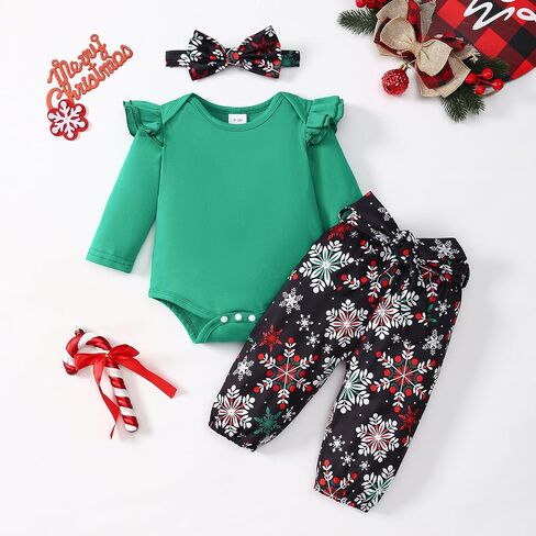Newborn Baby Girl Christmas Outfit Long Sleeve Ribbed Romper Candy Pants Set Headband 3pcs Fall Winter Clothes in Saudi Arabia