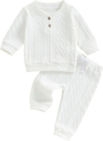 Rtnnsbbfcm Toddler Baby Boy Girl Fall Winter Clothes Cable Knit Long Sleeve Button Sweatshirt Top Pants Set in Saudi Arabia