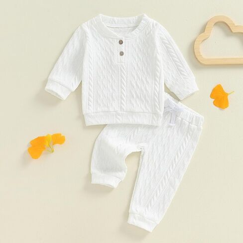 Rtnnsbbfcm Toddler Baby Boy Girl Fall Winter Clothes Cable Knit Long Sleeve Button Sweatshirt Top Pants Set in Saudi Arabia