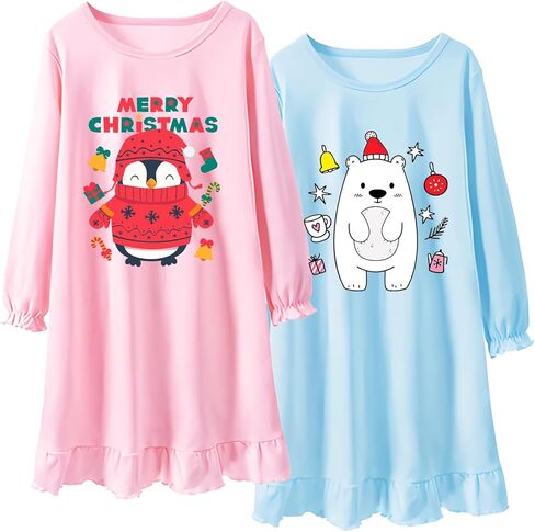 2Pcs Girls Nightgowns 3-10 Years Flutter Long Sleeves Nightdress Nightie Dress Sleepwear Pajamas for Toddler Kids Girls in Kuwait