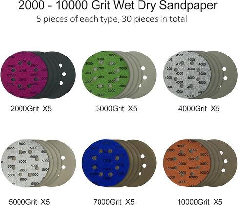 5 Inch 8 Holes Sanding Discs Hook and Loop, 30Pcs Wet Dry Sandpaper, 2000 3000 4000 5000 7000 10000 Grit Sandpaper, Round High Grit Sand Paper for Orbital Sander in Saudi Arabia
