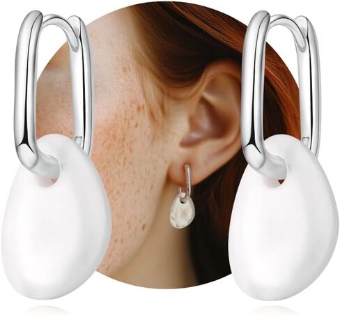 Mother of Pearl Earrings for Women Trendy - 925 Sterling Silver Stud with White Gold Plated, Statement Delicate Lightweight Jewelry, 2024 Urban Fashion Trends for Wedding Gifts in Saudi Arabia
