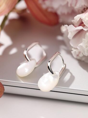 Mother of Pearl Earrings for Women Trendy - 925 Sterling Silver Stud with White Gold Plated, Statement Delicate Lightweight Jewelry, 2024 Urban Fashion Trends for Wedding Gifts in Saudi Arabia