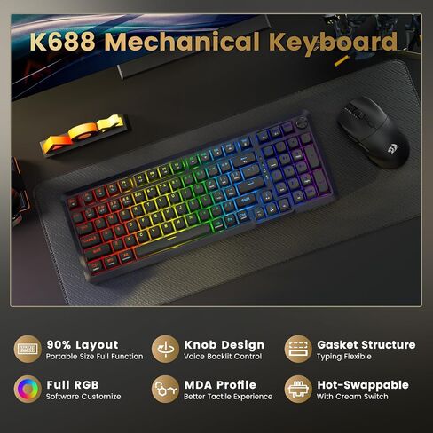 لوحة مفاتيح ميكانيكية لاسلكية من Redragon، لوحة مفاتيح ألعاب RGB مثبتة على حشية ثلاثية الأوضاع مع مقبض مستوى الصوت، ومفاتيح خطية مسبقة التشحيم، ملف تعريف MDA، 98 مفتاحًا لوحة مفاتيح كريمية قابلة للتبديل السريع لأجهزة الكمبيوتر/الكمبيوتر اللوحي/Xbox/PS4 in Saudi Arabia