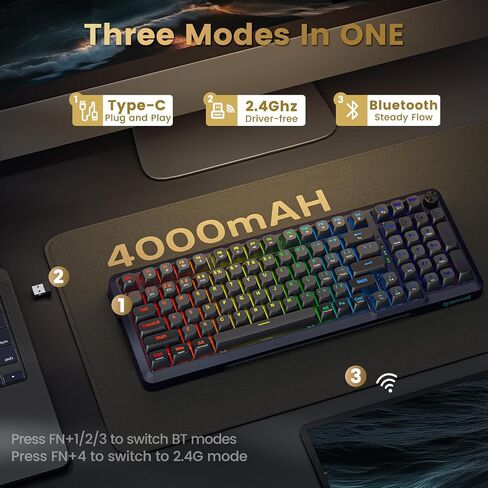 لوحة مفاتيح ميكانيكية لاسلكية من Redragon، لوحة مفاتيح ألعاب RGB مثبتة على حشية ثلاثية الأوضاع مع مقبض مستوى الصوت، ومفاتيح خطية مسبقة التشحيم، ملف تعريف MDA، 98 مفتاحًا لوحة مفاتيح كريمية قابلة للتبديل السريع لأجهزة الكمبيوتر/الكمبيوتر اللوحي/Xbox/PS4 in Saudi Arabia