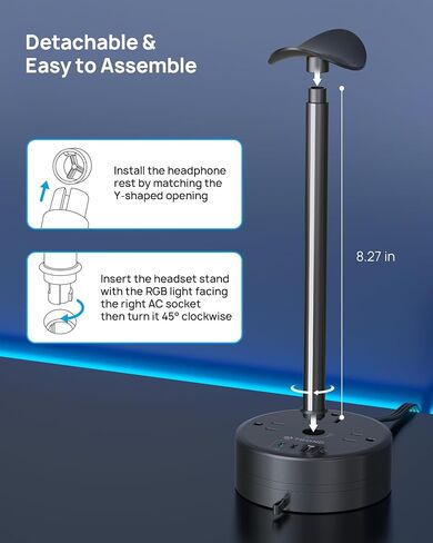 حامل سماعة رأس TROND مع PD 20W USB C، حامل سماعة رأس للألعاب RGB مع 3 منافذ تيار متردد، 2 USB-C و1 USB-A، سلك تمديد قابل للسحب بطول 5 أقدام مع قابس مسطح، لملحقات الكمبيوتر المكتبية، هدايا الألعاب، أسود in Saudi Arabia