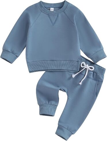 Toddler Baby Boy Girl Fall Winter Outfit Basic Solid Color Crewneck Long Sleeve Sweatshirt Top Jogger Pants Set in Saudi Arabia