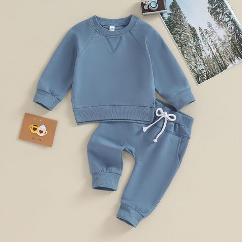 Toddler Baby Boy Girl Fall Winter Outfit Basic Solid Color Crewneck Long Sleeve Sweatshirt Top Jogger Pants Set in Saudi Arabia