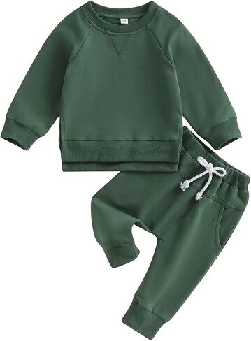 Toddler Baby Boy Girl Fall Winter Outfit Basic Solid Color Crewneck Long Sleeve Sweatshirt Top Jogger Pants Set in Saudi Arabia