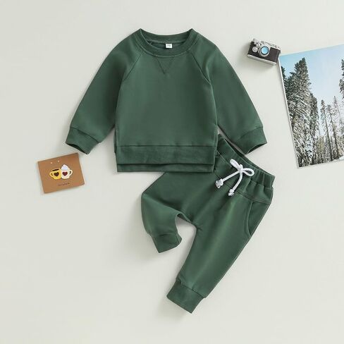 Toddler Baby Boy Girl Fall Winter Outfit Basic Solid Color Crewneck Long Sleeve Sweatshirt Top Jogger Pants Set in Saudi Arabia