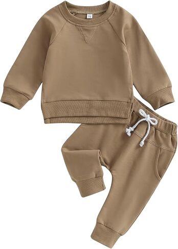 Toddler Baby Boy Girl Fall Winter Outfit Basic Solid Color Crewneck Long Sleeve Sweatshirt Top Jogger Pants Set in Saudi Arabia