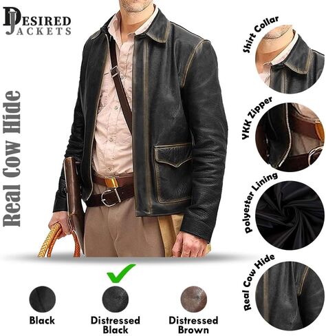 Men's Raiders of The Lost Harrison Jones Vintage Brown Bomber Leather Jacket Genuine Cowhide Distressed Leather Jacket in Saudi Arabia