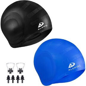 2 Pack Unisex Swim Caps with 3D Ear Protection, Durable Flexible Silicone Swimming Hats for Women Men Kids Adults, Bathing Swimming Caps for Short/Long Hair with Ear Plugs&Nose Clip