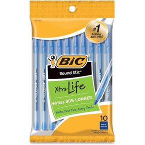 BIC Round Stic Xtra Life Blue Ballpoint Pens, Medium Point (1.0mm), 10-Count Pack of Bulk Pens, Flexible Round Barrel for Writing Comfort, No. 1 Selling Ballpoint Pens