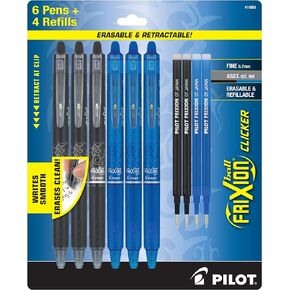 PILOT Frixion Erasable Pens - 6 Pack (3 Black & 3 Blue Ink Included) + 4 Bonus Refills - Frixion Clicker Retractable Gel Ink Pen - Fine Point 0.7 mm Used for Rocketbook & Notebook