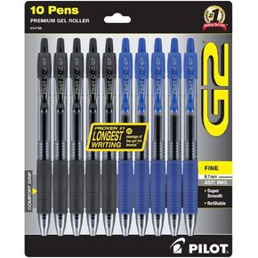 PILOT G2 Premium Fine Point Gel Ink Pen, 0.7 mm, Refillable & Retractable Rolling Ball, 5 Black and 5 Blue pens (Bulk pack of 10 Pens) (14784)