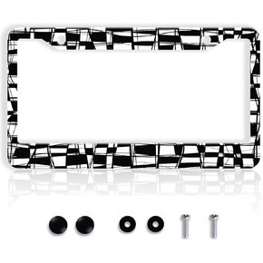 إطار لوحة ترخيص الشطرنج باللونين الأبيض والأسود - قطعة واحدة من لوحة ترخيص فسيفساء مربعة مجردة من الألومنيوم بتصميم شخصي للسيارة وأجزاء خارجية للسيارات وغطاء ملصق سيارة مضحك للرجال والنساء مع غطاء لولبي in Kuwait