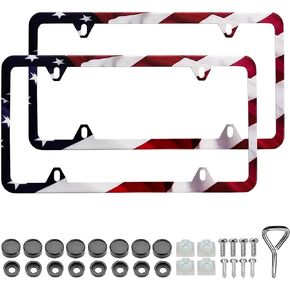 LIN KANG American Flag Eagle License Plate Frame Holder - 2 Pack Patriotic Universal Aluminum Matte Stripe US Flag Gloss Car Plate Frame Covers with Screws Fasteners Caps