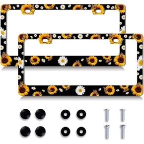 2pcs License Plate Frame Black White Check Pattern Aluminum Alloy License Plate Covers Comes with Screw caps Cover Set
