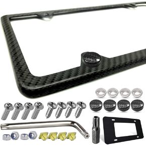 Carbon Fiber License Plate Frame- 1 Pack100% Handcrafted Real Carbon Fiber Cloth Wrapped Holder, Slim Black Stainless Steel Car Tag Cover with Screws Caps, Rattle Proof Pad, 4 Hole