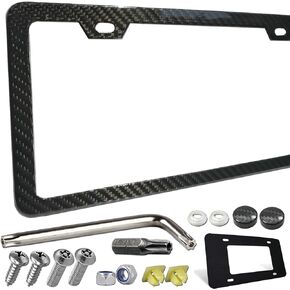 Carbon Fiber License Plate Frame- 1 Pack100% Handcrafted Real Carbon Fiber Cloth Wrapped Holder, Slim Black Stainless Steel Car Tag Cover with Screws Caps, Rattle Proof Pad, 4 Hole