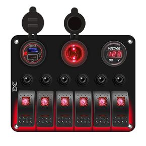FXC Waterproof Marine Boat Rocker Switch Panel 6 Gang with QC3.0 USB & Type-C Slot Socket + Cigarette Lighter +LED Voltmeter with Overload Protection for Car Rv Vehicles Truck (6 Gang Green LED)