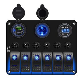 FXC Waterproof Marine Boat Rocker Switch Panel 6 Gang with QC3.0 USB & Type-C Slot Socket + Cigarette Lighter +LED Voltmeter with Overload Protection for Car Rv Vehicles Truck (6 Gang Green LED)