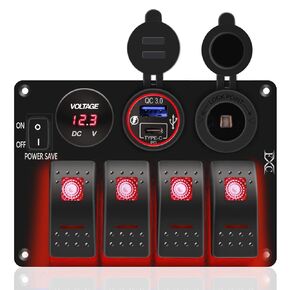 FXC Green 4 Gang Marine Boat Rocker Switch Panel, Waterproof Toggle Switch with Power Save for Truck RV, Voltmeter PD Type C & QC 3.0 USB Charger Port DC 12 Volt Power Outlet Cigarette Lighter Socket