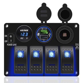 FXC Green 4 Gang Marine Boat Rocker Switch Panel, Waterproof Toggle Switch with Power Save for Truck RV, Voltmeter PD Type C & QC 3.0 USB Charger Port DC 12 Volt Power Outlet Cigarette Lighter Socket