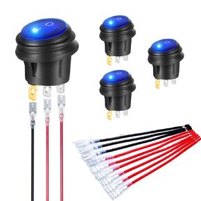 Waterproof On Off Round Rocker Switches SPST 3 Pin 12V 20A Illuminated Blue Light Toggle Power Switch Snap-in Design Electrical Switch with 20mm Wires for Car Marine Boat Golf Cart RV – 4 Pack