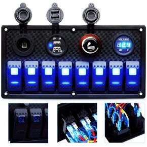 MKING Marine Switch Panel, 8 Gang Waterproof Rocker Switch Panel,Boat Rocker Switches Waterproof with Circuit Breaker USB&Typ-c Charger Digital Voltmeter Cigarette Socket 12V Blue LED Switch Panel