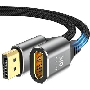كابل تمديد DisplayPort 8K بطول 3 أقدام، كابل تمديد DisplayPort 1.4 ذكر إلى أنثى، سلك ممتد من DP إلى DP مجدول، يدعم 8K@60 هرتز، 4K@120 هرتز (رمادي، 3 أقدام) in Kuwait
