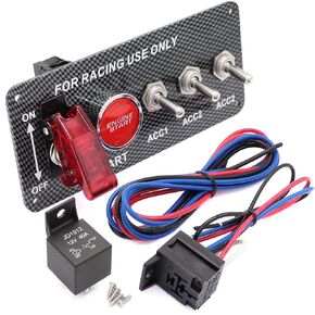 Jeemiter 12V Racing Car Ignition Switch Panel with Engine Push Button Ignition Starter Switches Panel 5 in 1 Carbon Fiber LED Toggle Switches for Race Car Sport Competitive RV Truck Igniton Panel