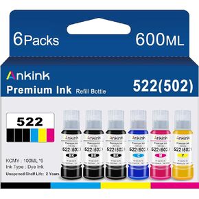 Ankink T522 522 High Capacity Refill Ink Bottle 20.3 fl oz Replacement for Epson Compatible 502 Ink Refill Bottle Use for EcoTank ET-2803 ET-2800 ET-2720 ET-3750 ET-4800 ET-4700 ET-2750 Black Color