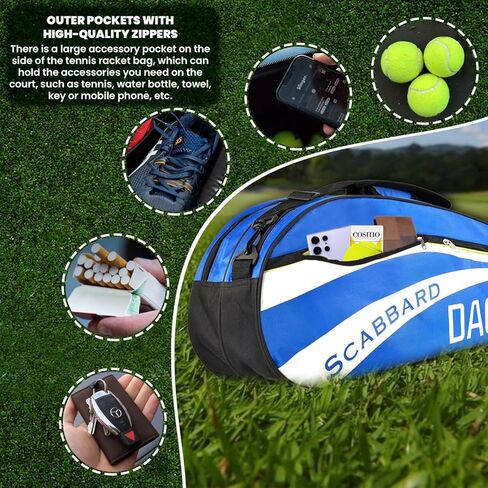داجال - حقيبة تنس كبيرة جدًا وخفيفة الوزن وقوية تحتوي على 5 جيوب، تحمل ما يصل إلى 6 مضارب، مبطنة لحماية المعدات في جميع الأحوال الجوية | لاعبي التنس المحترفين أو المبتدئين | تصميم للجنسين in Kuwait