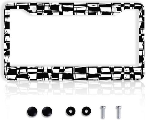 إطار لوحة ترخيص الشطرنج باللونين الأبيض والأسود - قطعة واحدة من لوحة ترخيص فسيفساء مربعة مجردة من الألومنيوم بتصميم شخصي للسيارة وأجزاء خارجية للسيارات وغطاء ملصق سيارة مضحك للرجال والنساء مع غطاء لولبي in Kuwait