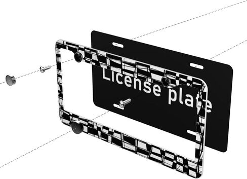 إطار لوحة ترخيص الشطرنج باللونين الأبيض والأسود - قطعة واحدة من لوحة ترخيص فسيفساء مربعة مجردة من الألومنيوم بتصميم شخصي للسيارة وأجزاء خارجية للسيارات وغطاء ملصق سيارة مضحك للرجال والنساء مع غطاء لولبي in Kuwait