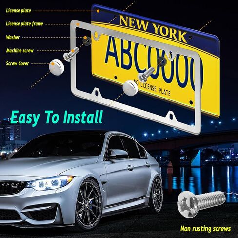 Carbon Fiber License Plate Frame- 1 Pack100% Handcrafted Real Carbon Fiber Cloth Wrapped Holder, Slim Black Stainless Steel Car Tag Cover with Screws Caps, Rattle Proof Pad, 4 Hole in Kuwait