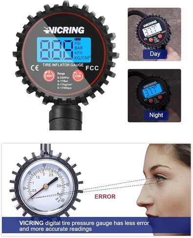 مقياس ضغط الإطارات للسيارات المزودة بمقاييس منفاخ الإطارات لضغط الإطارات ملحقات ضاغط الهواء 250 رطل لكل بوصة مربعة 0.1 دقة العرض مقياس ضغط الإطارات الرقمي in Kuwait