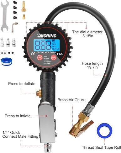 مقياس ضغط الإطارات للسيارات المزودة بمقاييس منفاخ الإطارات لضغط الإطارات ملحقات ضاغط الهواء 250 رطل لكل بوصة مربعة 0.1 دقة العرض مقياس ضغط الإطارات الرقمي in Kuwait