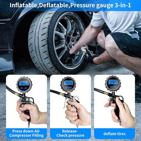 مقياس ضغط الإطارات الرقمي من SUNFATT، منفاخ الإطارات مع مقياس الضغط، (0-200 رطل لكل بوصة مربعة) مجموعة قياس الإطارات والضاغط مع وصلة توصيل سريعة ومنفاخ، دقة عرض 0.1، ملحقات للسيارة والشاحنة in Kuwait